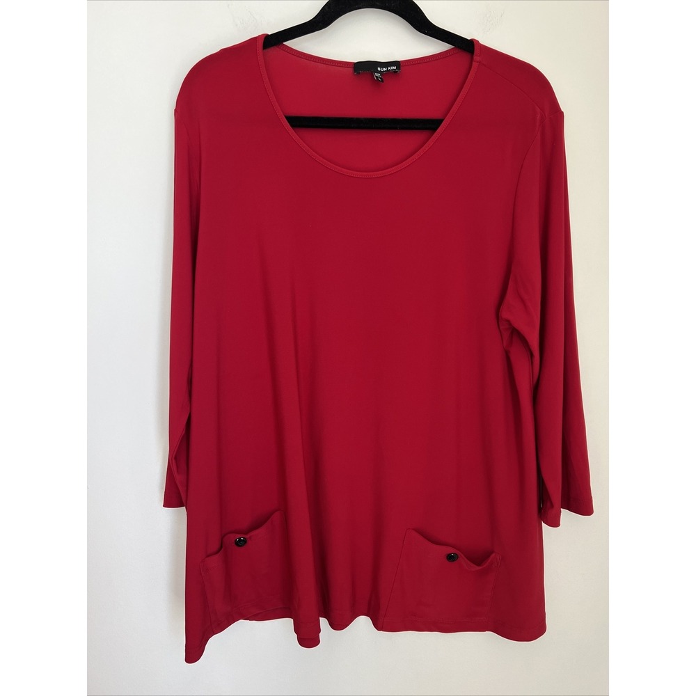 SUN KIM Women's Size Large L Red Pocket Stretch Shirt Top A-line Classic Art
